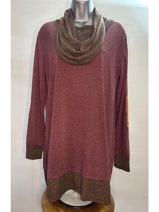 None Tops - Women's Cowl Neck Scarf Pullover Blouse Turtleneck Burgundy Elbow Patches Tunic